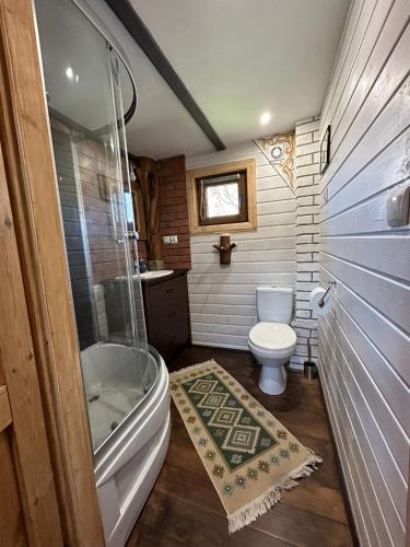 a bathroom with a toilet and a tub and a sink at Domek przy Rozpadlisku in Podgórzyn