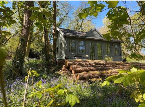 Una cabaña de troncos en el bosque con flores moradas. en Tarka Woodland Cabin, en Littleham