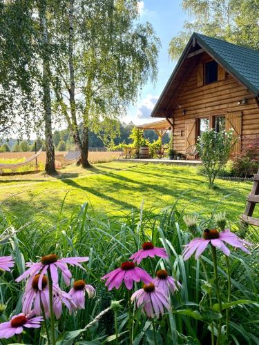 eine Gruppe rosafarbener Blumen vor einer Hütte in der Unterkunft Czuła Chata Ojców in Prądnik Czajowski