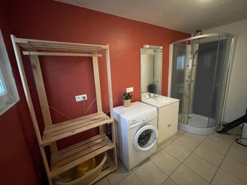 une salle de bain avec une machine à laver et un lavabo dans l'établissement Le Nid Des Canaux au cœur de Bergues, à Bergues