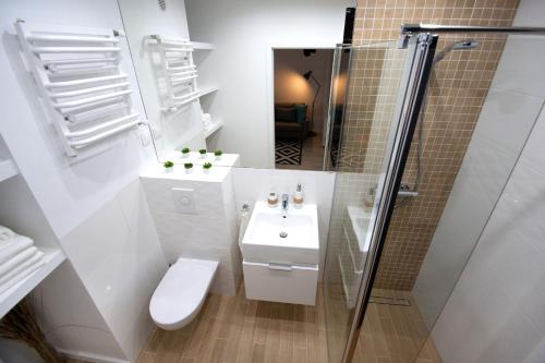 ein Bad mit einem WC, einem Waschbecken und einer Dusche in der Unterkunft Apartament Horizon in Gdynia