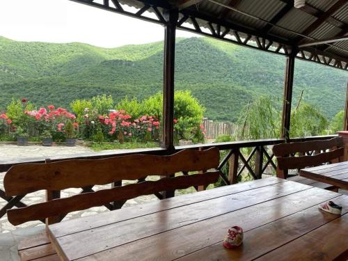 a wooden table with a view of a mountain at Green garden Կանաչ այգի in Ijevan