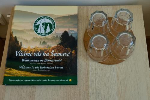 a book sitting on a table next to two glasses of beer at Pension Korýtko in Horská Kvilda