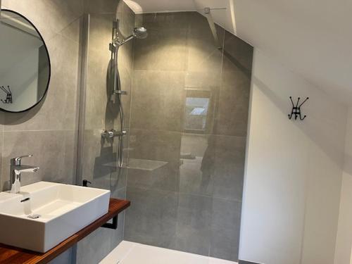 een badkamer met douche, wastafel en spiegel bij Les midis au vert - La Bâtisse - 4 personnes in Stavelot