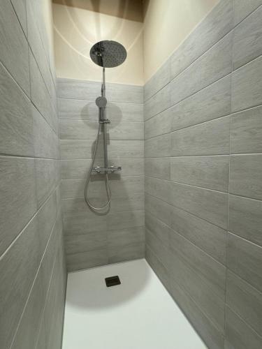 une salle de bain avec une douche avec pommeau de douche dans l'établissement La Ferme de la Forêt, gite de groupe à la campagne, à Longvilliers