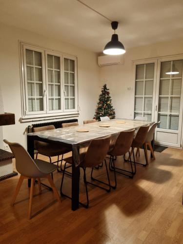 une grande table à manger avec des chaises et un sapin de Noël dans l'établissement Superbe Maison SPA VIP, à Luxeuil-les-Bains