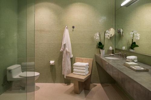 a bathroom with a sink and a toilet and a mirror at Hotel Healdsburg in Healdsburg
