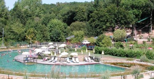 - une piscine avec des parasols dans l'établissement Monpazier Country House in Périgord, à Gaugeac