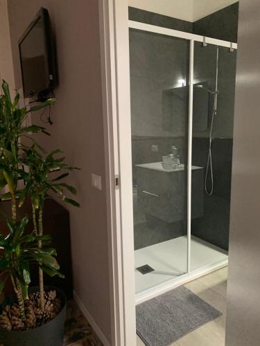 a shower with a glass door in a bathroom at b&b Calvino in Piacenza