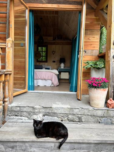a black cat sitting on the porch of a house at les chalets de Maryline in Accous
