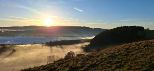 a view of a foggy field with the sun in the background at pen-rhos luxury glamping "The Hare Hut" in Llandrindod Wells