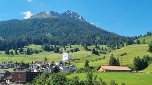 a village on a green hill with a mountain at Residenza Tga Clo Appartment 409 in Savognin