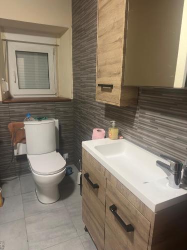a bathroom with a toilet and a sink at Maison istoriquie in Vescheim