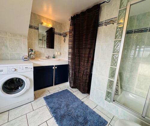 a bathroom with a washing machine and a sink at Moselle Magic in Stadtbredimus