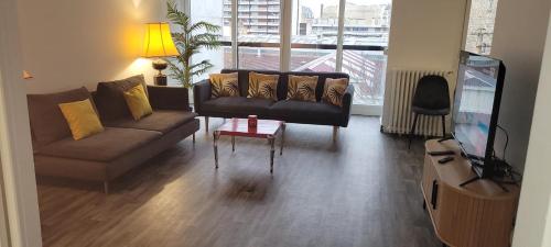 un salon avec un canapé et une télévision dans l'établissement 3 bedrooms apartment Paris 16 - Michel Ange, à Paris