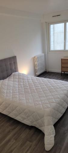 un grand lit blanc dans une chambre avec une fenêtre dans l'établissement 3 bedrooms apartment Paris 16 - Michel Ange, à Paris