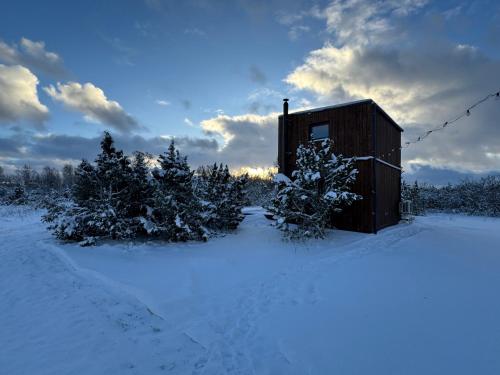 a small wooden building in the snow with trees at Kadaksalu with sauna hinnas in Ruu