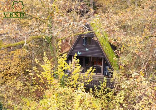 a house with a green roof with trees at Durbuy Bungalow 194, calme et nature in Durbuy