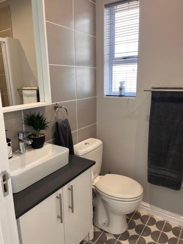 een badkamer met een wit toilet en een wastafel bij Cozy Cottage in Kaapstad