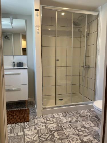 une salle de bain avec douche et toilettes dans l'établissement Spacieuse Maison Bleue, au centre des Cordiers, au Tréport