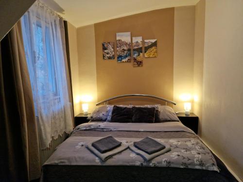 a bedroom with a bed with two pillows on it at Penzion Stavař in Vrbno pod Pradědem