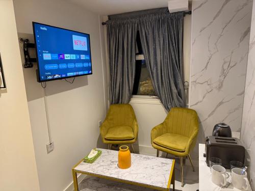 a waiting room with two chairs and a tv at Luxury Studio in Victoria, 7 minutes walk to Victoria Station, Room 1 in London