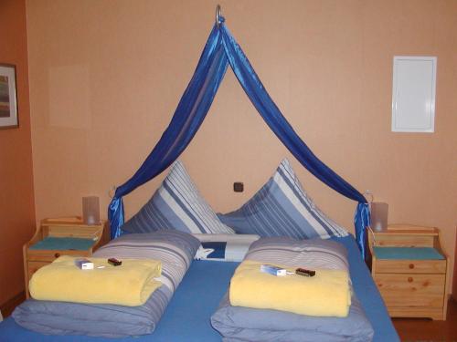 a bedroom with a blue canopy bed with two pillows at Ferienwohnung-am-Kühl in Poppenhausen