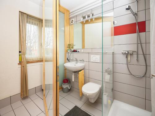 a bathroom with a toilet and a sink and a shower at Garden Studio Apartment Zürichberg in Zürich