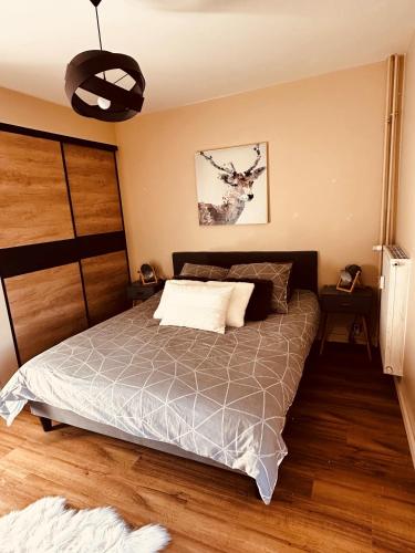 een slaapkamer met een bed met een grijs dekbed bij Pra Loup 1600 in Uvernet