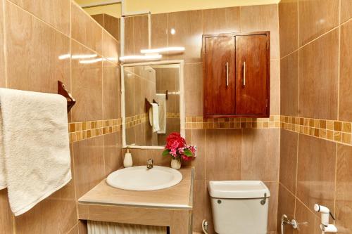 a bathroom with a sink and a toilet and a mirror at Diani Beach Gold Apartments in Diani Beach