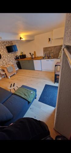 un salon avec un canapé et une cuisine dans l'établissement Maison de bourg Clermont-Ferrand, à Montferrand