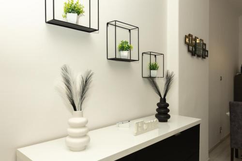 a white counter with plants and mirrors on a wall at Behome Apartment in Pécs