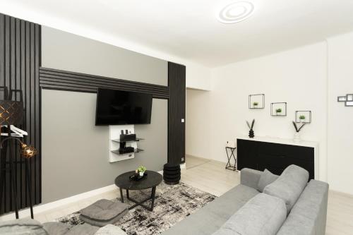 a living room with a couch and a tv at Behome Apartment in Pécs