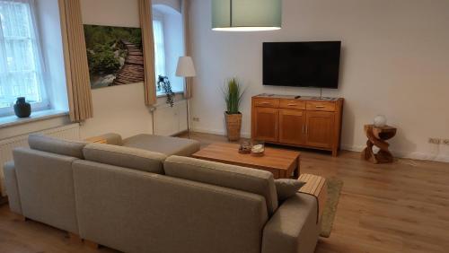 a living room with a couch and a flat screen tv at Haus Moritzburg in Bad Schandau