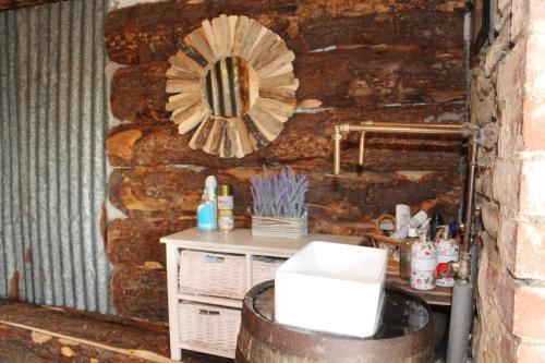 a bathroom with a sink and a mirror on a wall at Hoot in Abergele
