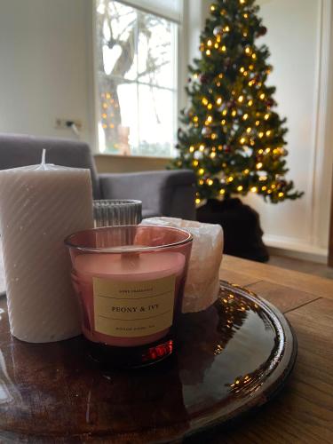 a candle on a table with a christmas tree at Vakantie Boerderij Oelewick in Winterswijk