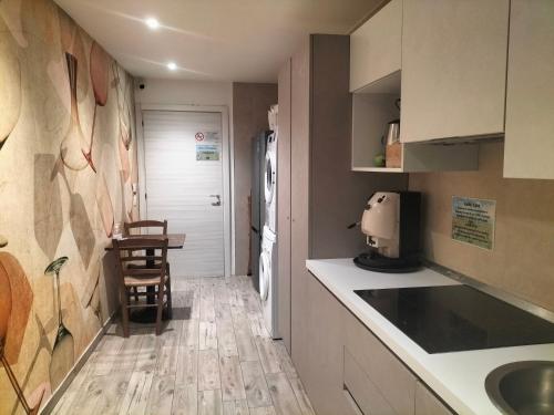 a small kitchen with a sink and a refrigerator at Vesuvio Inn Bed & Wine Experience in Boscotrecase