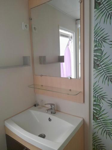 une salle de bain avec un lavabo et un miroir dans l'établissement Mobile-home IRM Casita 3 Bedrooms - La Palmyre Bonne Anse Plage, aux Mathes