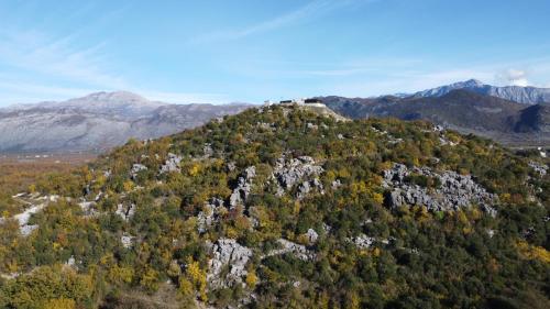 a mountain covered in trees with mountains in the background at Orchard Guard Tower in Ivanaj