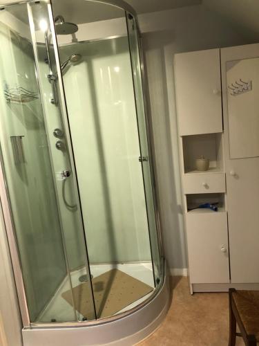 une douche avec une porte vitrée dans une salle de bain dans l'établissement Le puits de la Montrée, à Chahaignes
