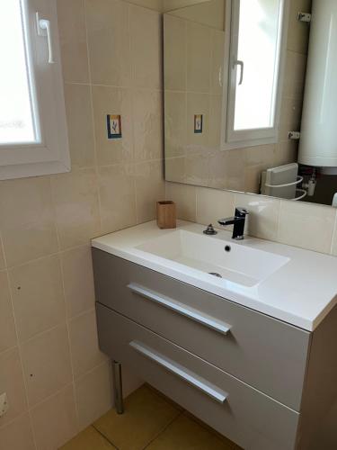une salle de bain avec un lavabo blanc et un miroir dans l'établissement Gîte de Combe Falce, à Salignac Eyvigues