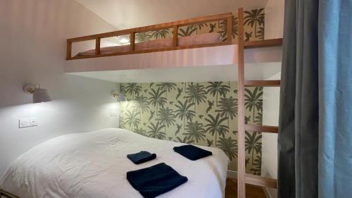 - une chambre avec des lits superposés dotés d'oreillers bleus dans l'établissement PAROGA appartement à 100m de la plage, à Merlimont