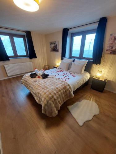 a bedroom with a large bed with two windows at Villa De Miguel in Paliseul