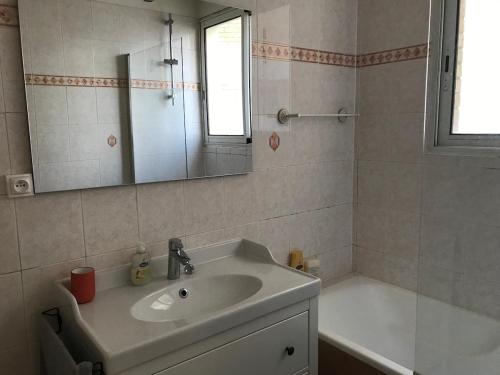 une salle de bain avec un lavabo, une baignoire et un miroir dans l'établissement Cosy, Montparnasse-Pte Versailles-Tour Eiffel, à Paris