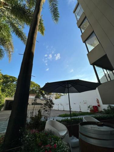 a patio with an umbrella and chairs and a palm tree at Hotel boutique Tramas Andinas in Salta