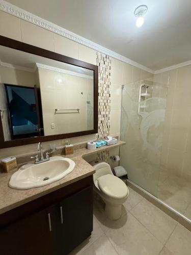 a bathroom with a toilet and a sink and a shower at Cabaña Doña Carmela in Santa Marta