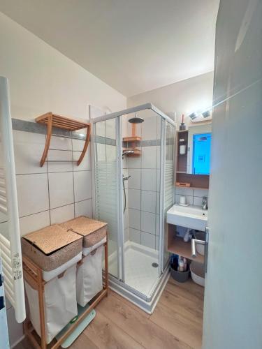 une salle de bain avec douche et lavabo dans l'établissement Appartement Calvi A Moresca, à Calvi