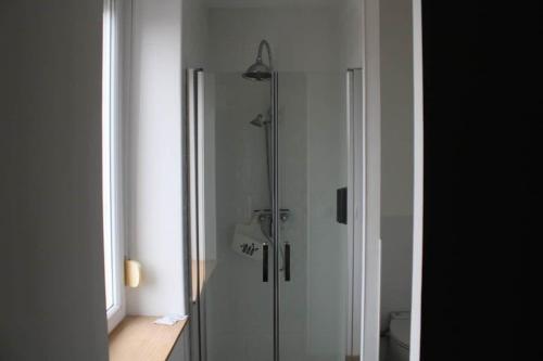 une salle de bain avec une douche avec une porte vitrée dans l'établissement Joli appartement Bethune à 2 pas de la gare, à Béthune