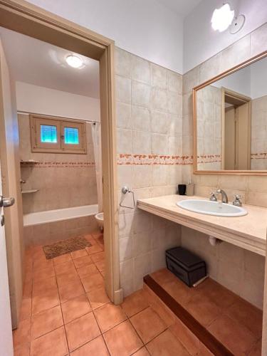 a bathroom with a sink and a tub and a mirror at Estancia El Sosiego in Gualeguay