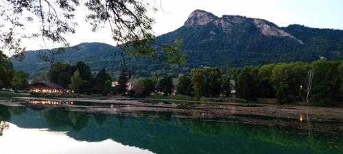 a view of a lake with a mountain in the background at Appartement vue Lac Thyez in Thyez